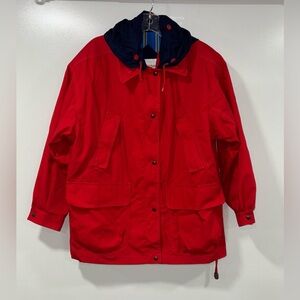 London fog Collared Red and Blue Jacket with Packable Hood